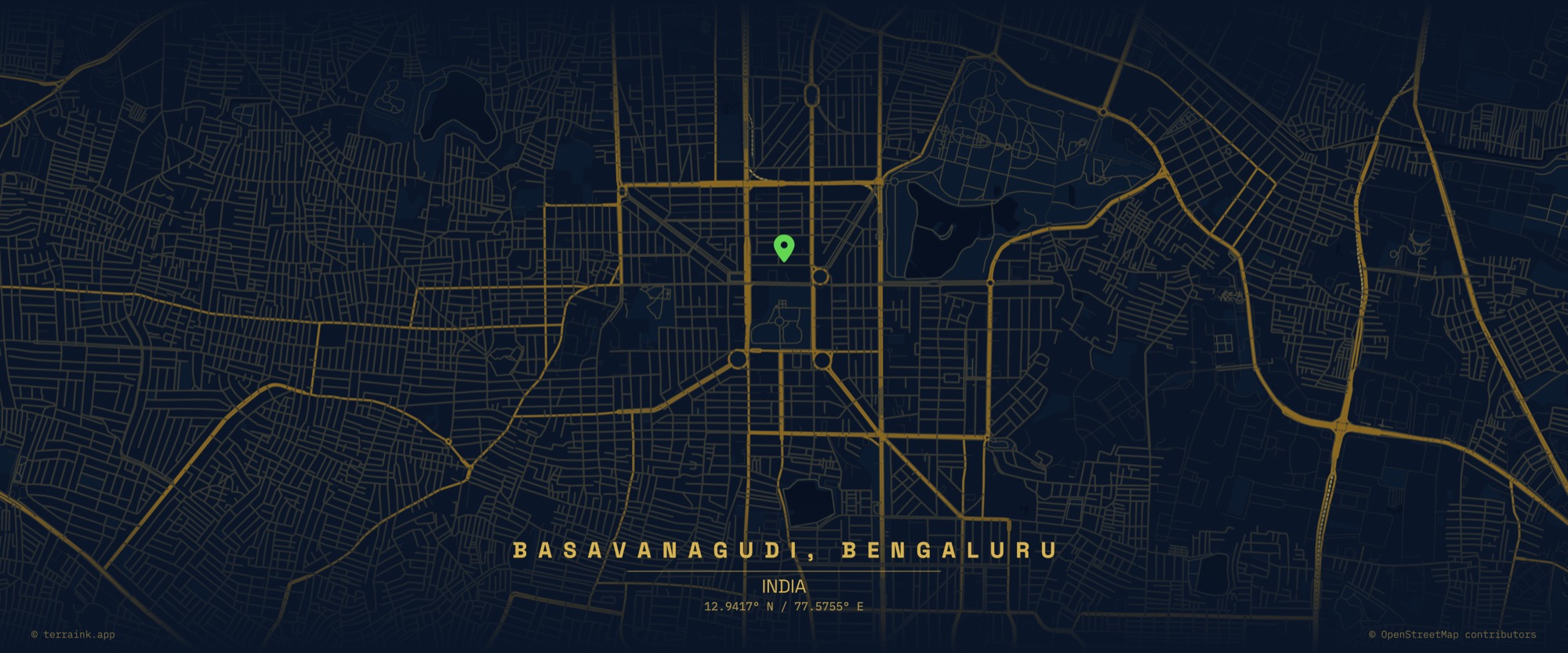 A map of Basavanagudi, Bengaluru, marking the house near the Bull Temple. 12.9417 degrees north, 77.5755 degrees east.