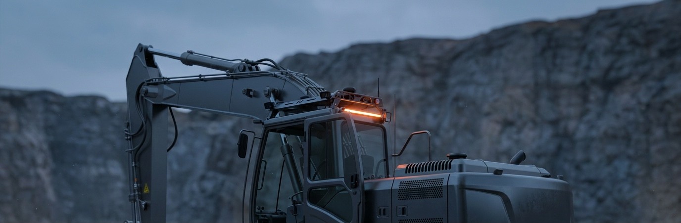 A crawler excavator in a quarry wearing the VahAtman roof sensor crown.