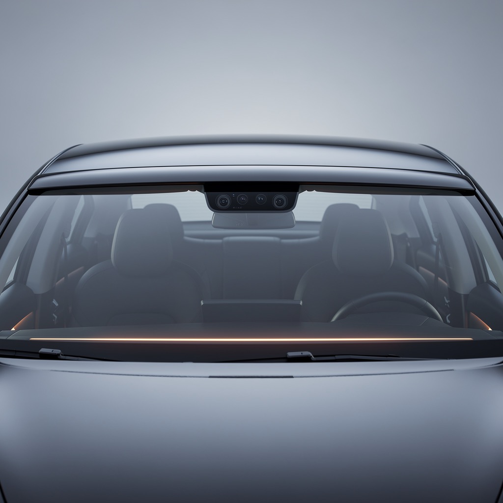 A consumer car windshield with the sensing dissolved into the bodywork.