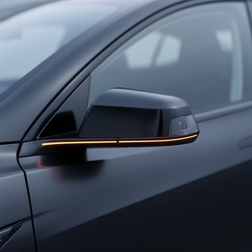 Camera optic on the corner of the side mirror wing.
