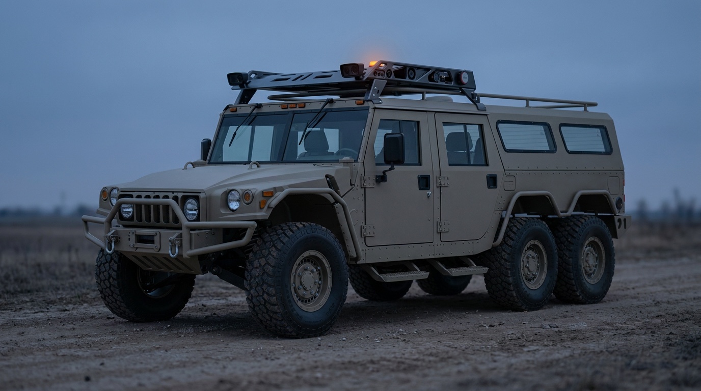 A 6x6 off-road defence vehicle wearing the VahAtman sensor crown.